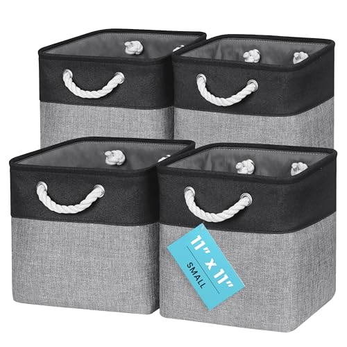 Image of OrganiHaus 11x11 Cube Storage Bins 4 Pack, Foldable Cube Storage Organizer w/ Rope Handles, Collapsible Fabric Bins for Toys, Clothes & Closet Organization, Fabric Square Baskets - Gray/Black