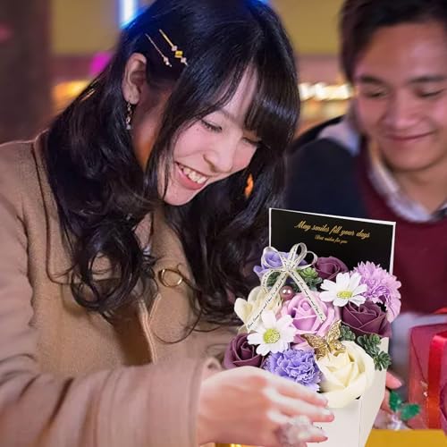 ソープフラワー シャボンフラワー 造花 ギフト プレゼント バラ 花束 ギフトボックス付き デープレ枯れない花 せっけん素材で作られたお花 インテリア装飾 長寿祝い 喜寿 ご挨拶 (パープル) [3]