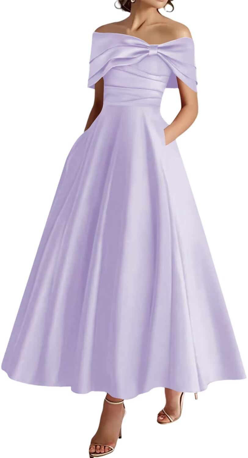 Yiann Women's Lilac Mother Of The Bride Dresses For With Pockets Pleated Off Shoulder Satin Formal Evening Dress Uk12