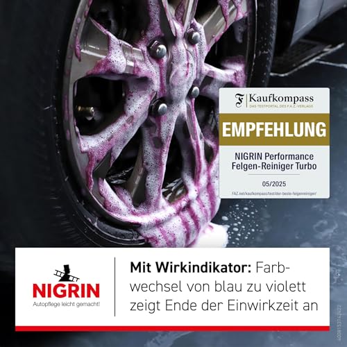 NIGRIN Turbo Felgenreiniger, für alle Felgenarten, mit Wirk-Indikator, schnelle Reinigung, 500 ml