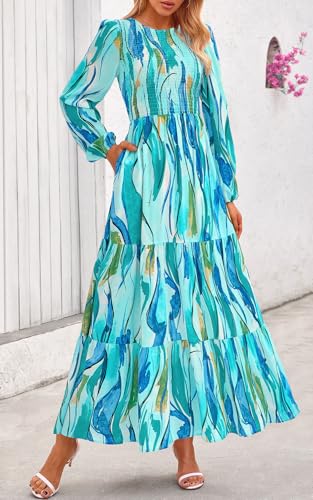 Image of PRETTYGARDEN Women's Fall Dresses 2026 Long Sleeve Flowy Casual Floral Maxi Dress Crew Neck Smocked Tiered Long Dress