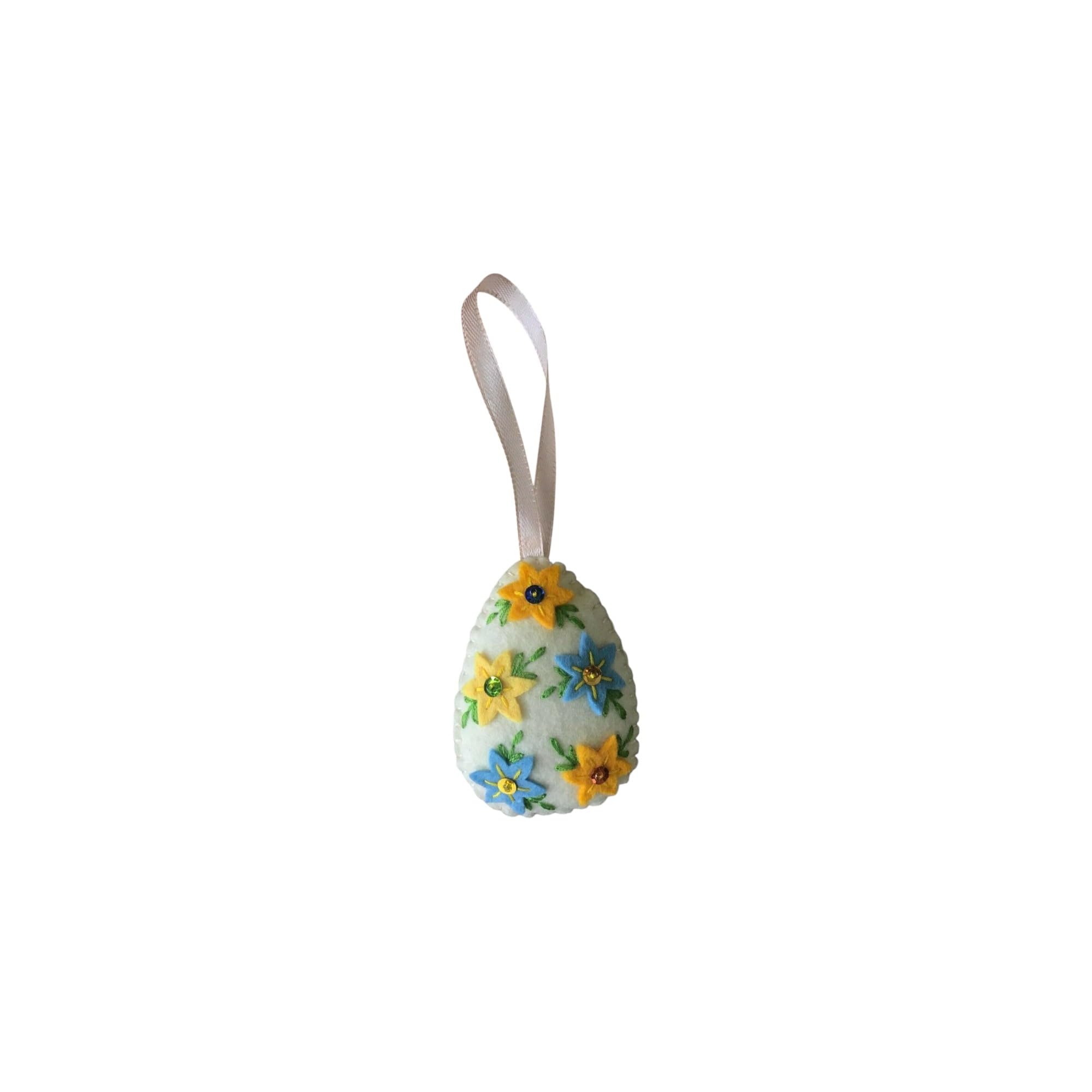 Handmade felt Easter decorations hanging ornaments bunny, chicken, egg (light yellow egg with flowers) — image 1