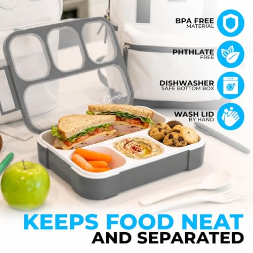 Image of kinsho Bento Lunch Box Container for Kids Adults, Portion Control Meal Prep and Snack Containers, Japanese Style Boxes with 4 Compartments for Boys Teens, School Work and Travel BPA Free | Gray