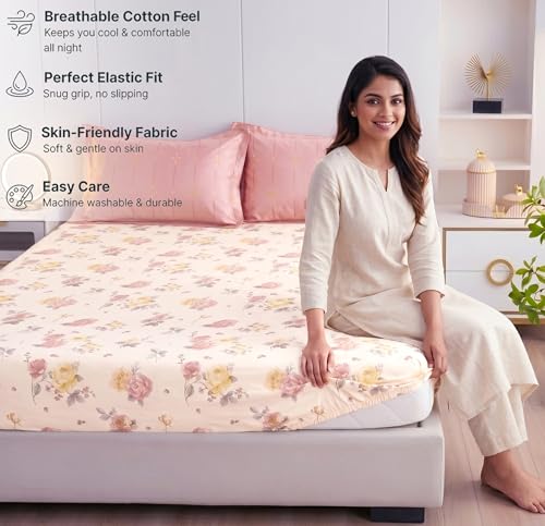 Image of HOMEKART Cotton Contrast Fitted Bedsheet for King Size Bed 72x72+10 Inch with 2 Pillow Covers 17x27 Inch | All Round Elastic | TC 144 Soft, Breathable Floral Printed Bedsheet (Rose Aura)