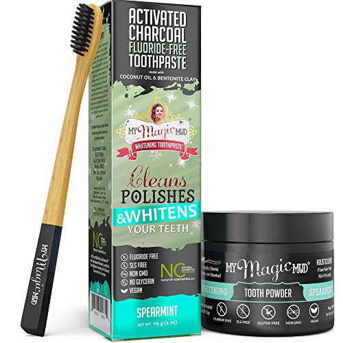 My Magic Mud - Activated Charcoal Teeth Whitening Kit, Toothpaste, Tooth Powder & Bamboo Toothbrush, Clinically Proven (Spearmint)