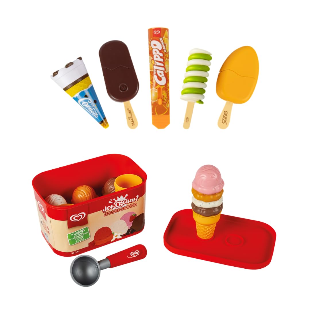 Casdon Walls Large Ice Cream Tub & 5 Play Ice Cream Set - Toy Ice Cream Parlour Role Play Set with Scoop & 5 Play Ice Creams - Pretend Play Food Toy for Children - Ages 2+