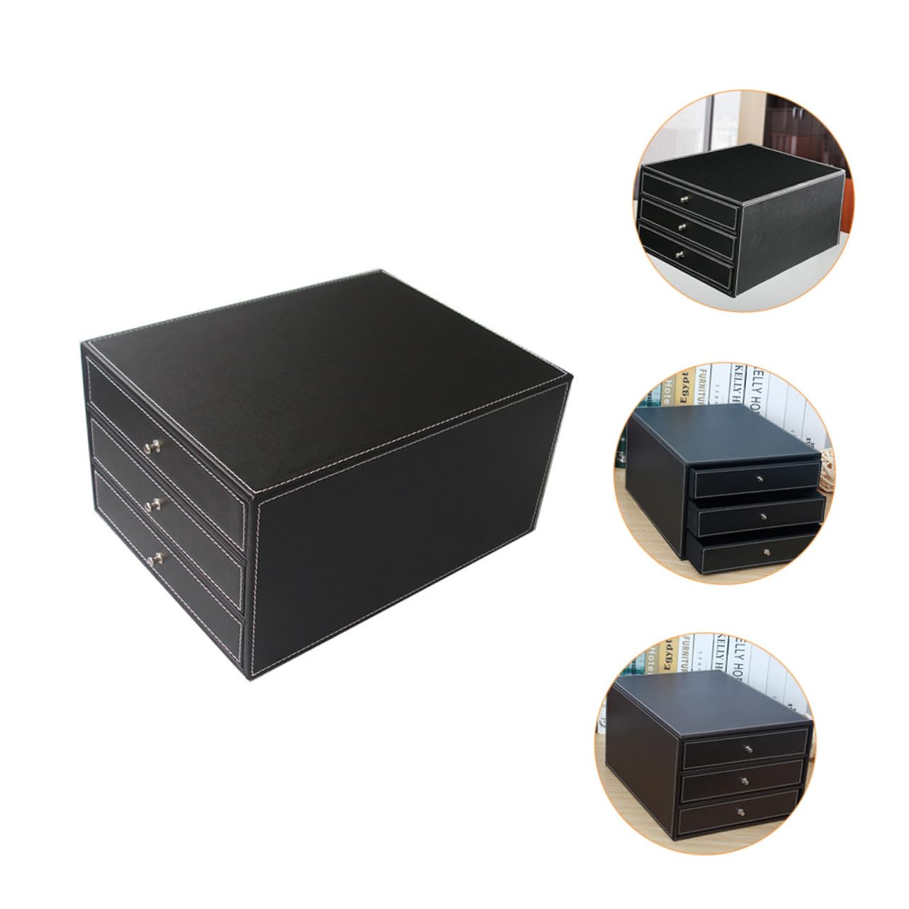 Caja de Archivos de Escritorio de Cuero Negro de Tres Capas | 1 Pieza, Madera y Pu, Fácil de Tomar, para Documentos y Objetos Pequeños, Dormitorio o Sala