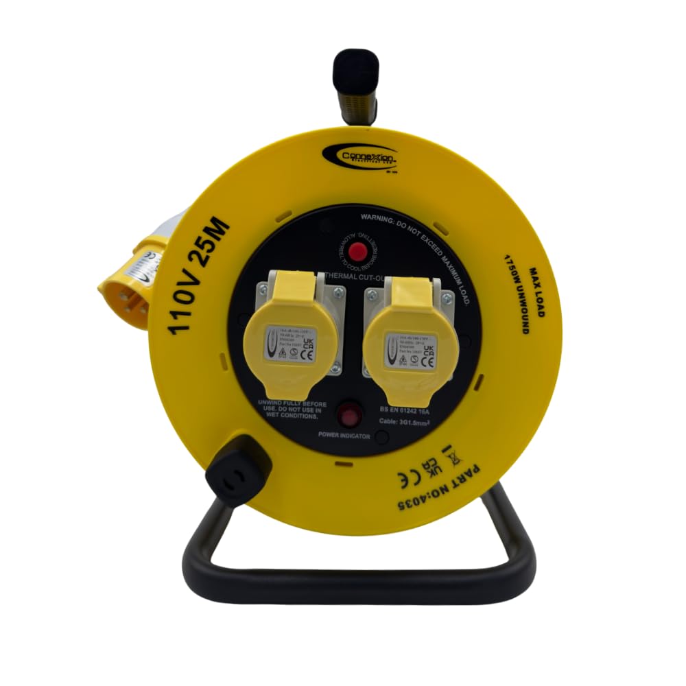 Connexion 110V 25m Cable Reel, 2 Socket 16A Heavy Duty Extension Reel with Thermal Cut Out, IP44 Site Extension Lead for Construction, Trade, Workshop & Power Tools