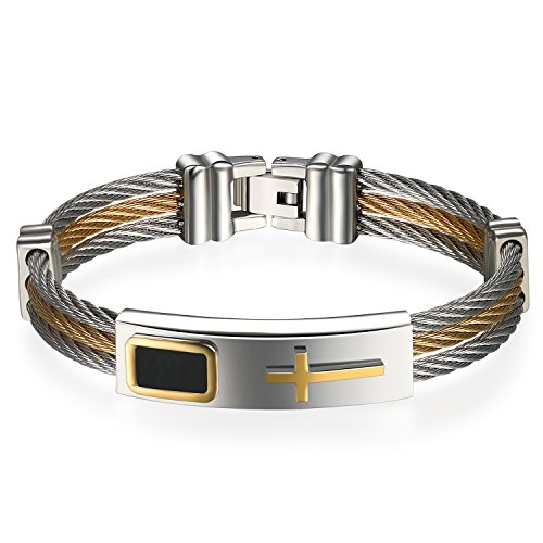 JewelryWe Bijoux Bracelet Homme Croix Manchette Câble Acier Inoxydable Longueur 18.5cm Couleur Or Argent Fantaisie Cadeau Noël