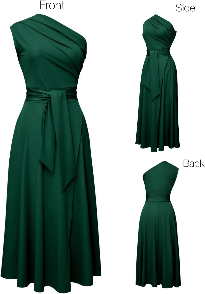 Women's One Shoulder Sleeveless Belted Side Slit Cocktail Party Swing Dress with Pockets - Image 4