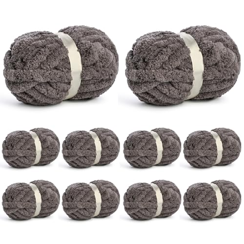 Image of 10 Pack of Jumbo Chunky Yarn for Hand Knitting,10# Super Bulky-Fluffy Chenille Yarn, 220 yds /70.5 oz Soft Thick Yarn for Crocheting Chunky Knit Throw Blankets.(Dark Grey)
