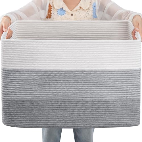 Image of OIAHOMY 108L Large Cotton Rope Basket, Rectangle Woven Baskets for Storage, Nursery Blanket Storage Living Room, Toy Basket With Handle-25 inchx16 inchx16 inch-Gradient Grey