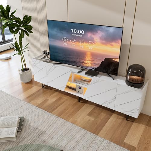 Mueble de TV con LED, aspecto de mármol, mueble de TV blanco con 4 puertas y 6 compartimentos, armario de TV, mesa de televisión, salón, banco de TV, moderno, para sala de estar, dormitorio