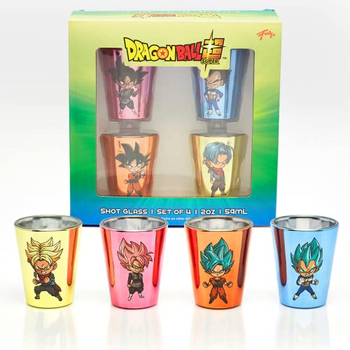 JUST FUNKY Dragon Ball Super Mini Glass Set | Set of 4 Shot Glasses | Featuring Trunks, Goku Black, Goku, and Vegeta Including their Super forms | Officially Licensed