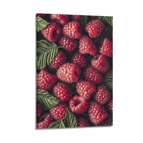 Poster framboises toile murale encadrée feuille verte 30x45