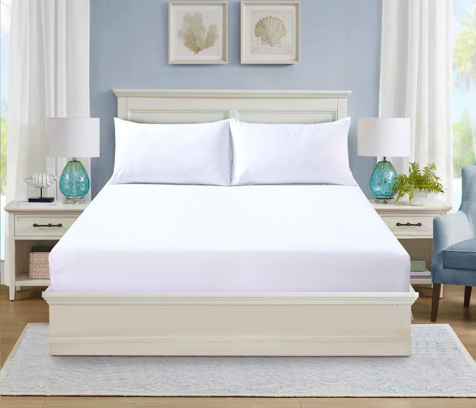 WEAVERS: 3 Pcs Luxury Polycotton 25cm Deep Fitted Sheet with Pillowcase Pair (Size Super King, Colour White) โ image 1