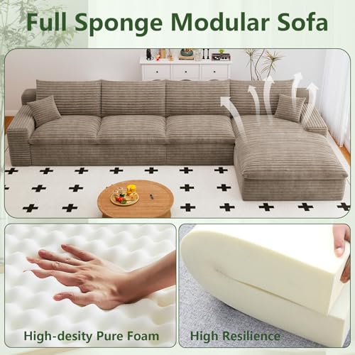 Image of 136 inch Cloud Couch Modular Sectional Sofa for Living Room, L-Shape Boneless Couch with Deep Seat, Modern Corduroy 4-Seater, No Assembly Required (Camel,Right-Facing Chaise)
