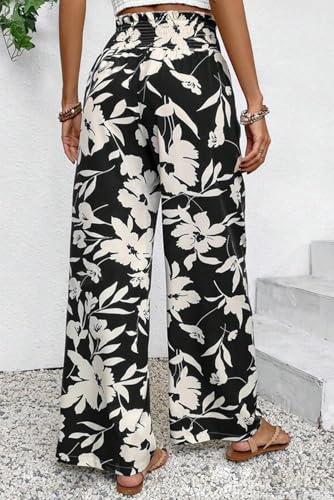 SELINK Casual Loose Pants for Women Boho Floral Print Smocked High Waist Straight Wide Leg Elastic Daily Trousers4