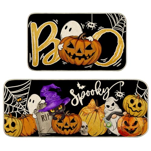 Unibyby Halloween Kitchen Mat Spooky Pumpkins Ghost Halloween Kitchen Mats for Floor Boo Black Cat Kitchen Rugs and Mats Non Skid Washable Set of 2 Decorative Kitchen Decor 17x29 and 17x47 Inch