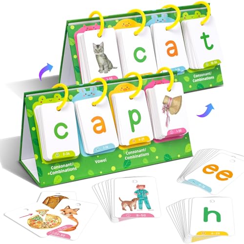 Lachilly CVC Word Flip Chart, 100 CVC Words Builder Game, Phonics Flash Cards, Sight Words Games Activity Educational Learning Tool for School Supplies, Special Education, Speech Therapy