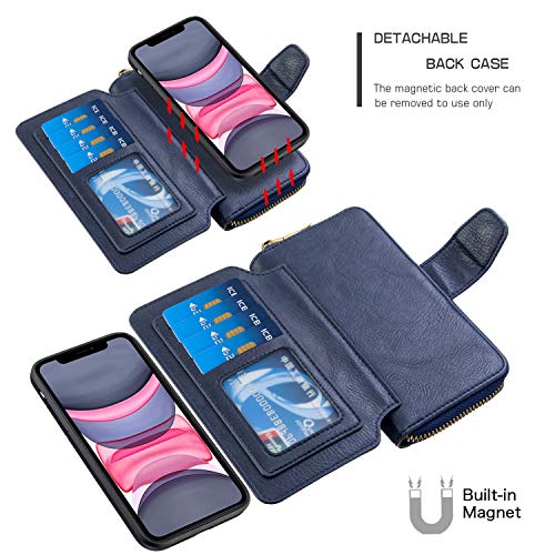 DOOGE Capa carteira para iPhone 11, [2 em 1] [Fecho magnético destacável] Capa carteira de couro pre