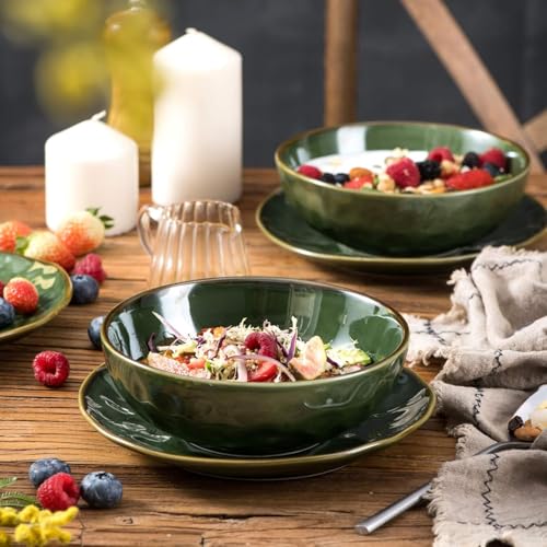 Image of VICRAYS Ceramic Pasta Bowls Set, 32 Ounce Soup Bowls, Large Salad Bowls, Chip Resistant, Dishwasher Microwave Safe, Fluted stoneware Bowls for Kitchen, Serving Bowls, Set of 6 (Green)