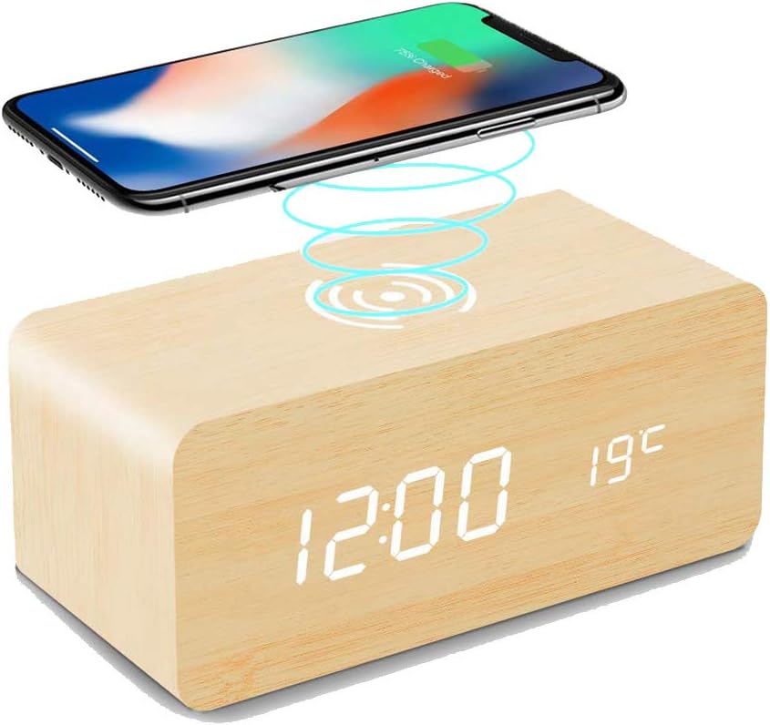 HZDHCLH Wireless Charger Alarm Clock LED Wood Digital Non Ticking, Qi Wireless Charging for iPhone 11/11 Pro/ 11 Pro Max/Xs/Xs Max/X/8/8 Plus,Galaxy S20 S10 S9 S8, Note 10 Note 9 Note 8 and More