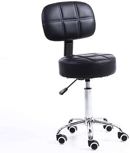 KKTONER Taburete con Ruedas Taburete de Trabajo con Respaldo Altura Ajustable 50-64cm de Cuero PU Negro