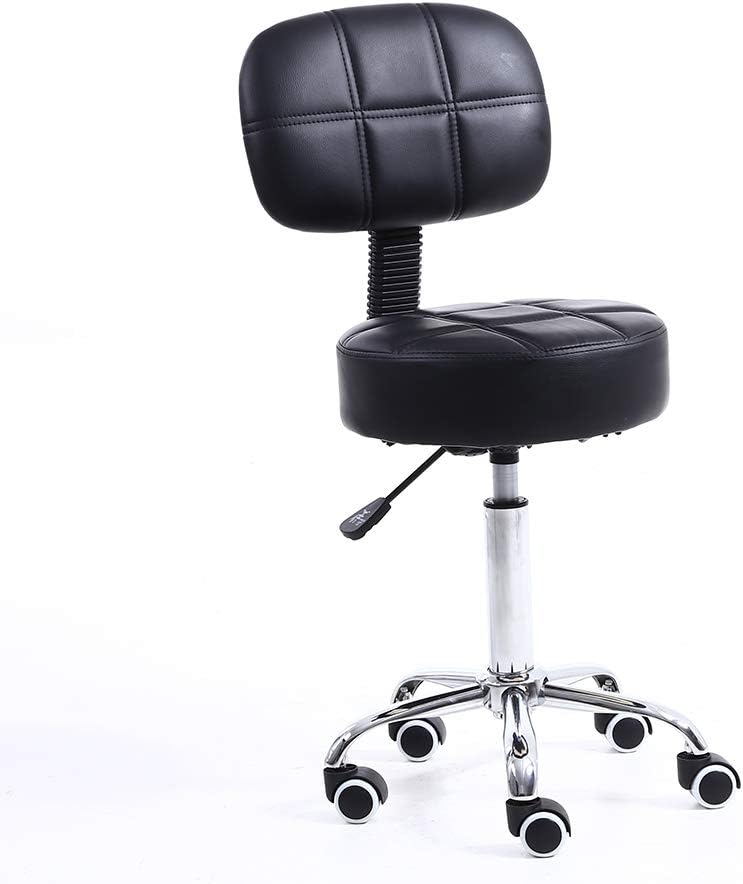 KKTONER Round Rolling Stool with Back PU Leather Height Adjustable Swivel Drafting Work SPA Salon Stools Chair with Wheels (Black)