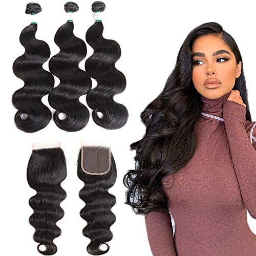 FU SHEN Brazilian Virgin Human Hair Body Wave Bundles with Closure, Double Weft 8A Grade Unprocessed Brazilian Hair 3 Bundles with Three Part 4×4 Lace Closure, Natural Black(12 14 16 + 10C, Full Head)