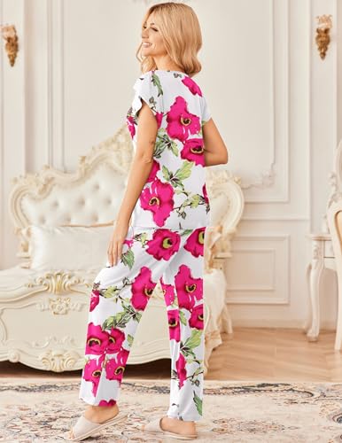 Image of Ekouaer 2 Pack Womens Pajamas Short Sleeve Sleepwear Top with Pants Super-Soft Printed Lounge Sets S-XXL
