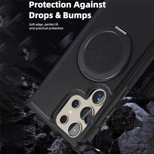 Image of Bumper Case with Kickstand for Samsung Galaxy S-Series Ultra Case Compatible with Wireless Charging | Luxury Aluminum Armor (Ring Leather-Black, Samsung Galaxy S25 Ultra)