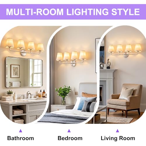 Image of Bathroom Light Fixtures Vanity Light 4-Light Brushed Nickel 30.7 inch | Farmhouse Bathroom Lights, Beige Wavy Fabric Shade, Dimmable Vanity Lighting Fixtures for Mirror Bedroom Living Room Hallway