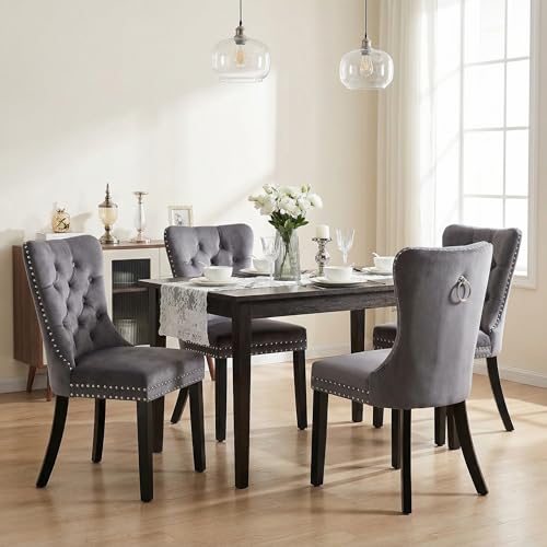 ARTETHYS Samt Esszimmerstühle 4er Set, Gepolstert Küchenstühle mit Eichenbeinen, Polsterstühle mit Armlehnen Rückenlehne für Esszimmer Wohnzimmer Küche, Tragkraft 150 kg, Grau