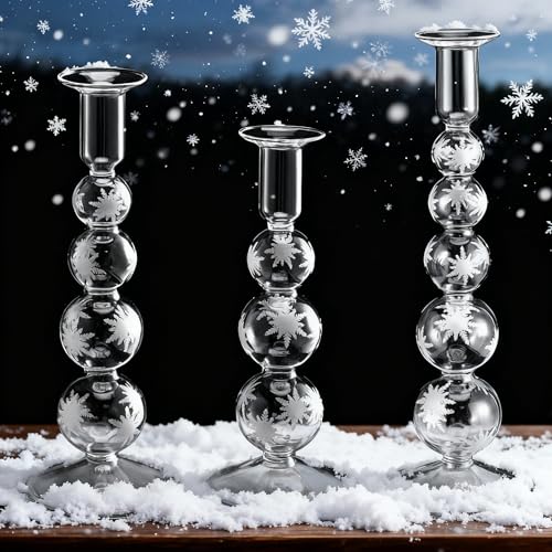 Bokon 3 Pcs Snowflake Winte Glass Candlestick Holders Snowflake Glass Clear Taper Candle Holder Crystal Stick Decor Winter Table Centerpiece for Holiday Mantel Wedding Dinner Party
