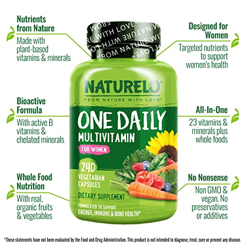 Naturelo One Daily Multivitamin For Women - Energy Support - Whole Food Supplement To Nourish Hair, Skin, Nails - Non-Gmo - No Soy - Gluten Free - 240 Capsules | 8 Month Supply #TOP3