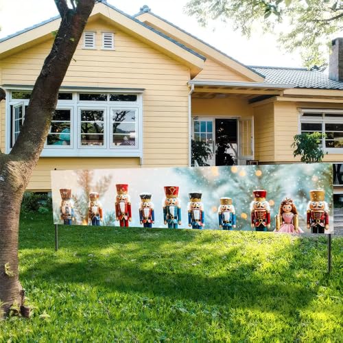 Image of Nutcracker Christmas Outdoor Banner 78.7 x 17.7 Inch Colorful Soldier Figures Snowy Background Festive Holiday Scene for Yard Garden Fence Porch or Patio Decoration