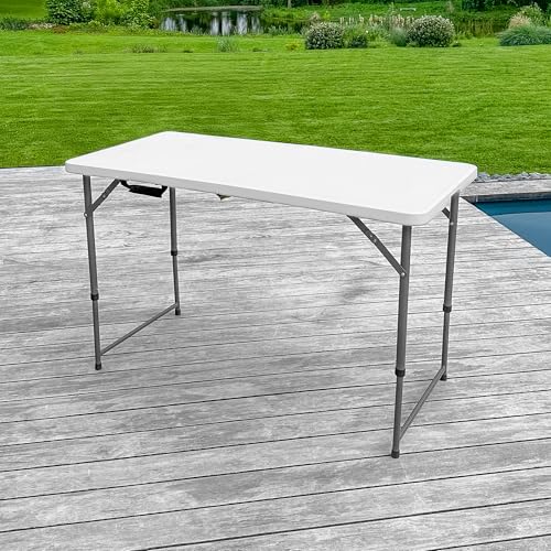 SKYLANTERN® Table Pliante 120 cm d'Appoint Rectangulaire Blanche Hauteur Réglable - Table de Camping 6 Personnes L120 x l60 x H74cm en HDPE Haute Densité Épaisseur 3,5 cm