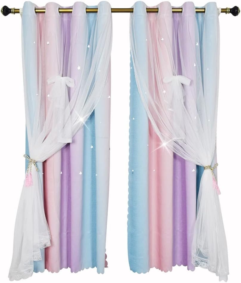 Curtains for Girls Bedroom Kids Curtains Nursery Hollow Out Star Window Curtains Room Darkening Grommets 2 Layers (Color : A, Size : 52x96in(130x240cm)) (A 52x84in(130x215cm))
