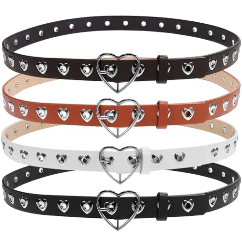 TENDYCOCO 4PCS Girls Heart Belts Leather Belt Adjustable Waist Belt with Heart Buckle Hollow Design Belts for Jeans Dress