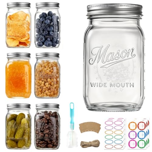Dralaw Mason Jars 32 oz 6 Pack Large Wide Mouth Mason Jar with Airtight Lids and Bands|Quart Glass Canning Jars for Pickling Fermenting and Food Storage Microwave&Dishwasher Safe
