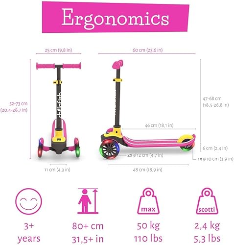 Miniatura 2 de Chillafish Scotti Glow 3-Wheel Lean-to-Steer Scooter with Light-up Wheels, twintip Antislip Deck and Integrated Brake, Adjustable Height Handlebars,