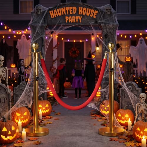 Image of 2PCS Red Velvet Stanchion Ropes 5 Ft Crowd Control Ropes Barrier with Gold Hooks for Party Supplies,Photobooth Accessories, Prom,Birthday,Business,Wedding, Museums