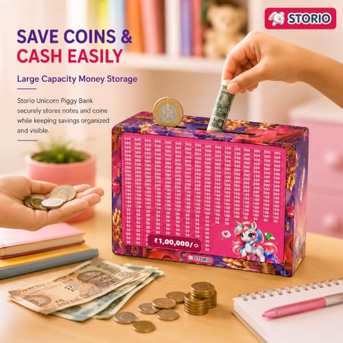 Image of Storio Unicorn Wooden Piggy Bank with Counter for Kids & Adults, Money Saving Box, Wooden Coin Bank with Number Counter, Cash Savings Bank, Coin Collection Box for Home Office Decor