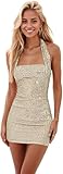 SELFGENIC Halter Sequins Homecoming Dresses Short for Teens Mini Champagne Halter Formal Prom Party Dress Sparkly 10