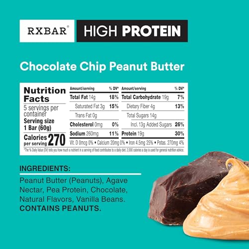 Image of RXBAR High Protein Bars, 18g Protein, Gluten Free, Protein Snacks, Chocolate Chip Peanut Butter (6 Boxes, 30 Bars)