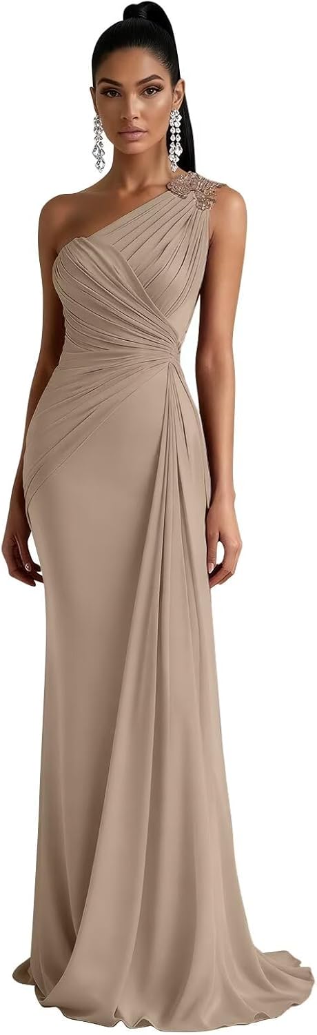 One Shoulder Bridesmaid Dresses Chiffon Pleated Cocktail Gown Mermaid Beaded Formal Prom Dress for Women