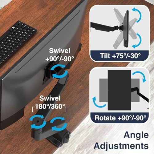 Image of Desky Single Monitor Arm - VESA Mount 17 inch-32 inch Screen Full Motion Desk Clamp & Grommet Base - Adjustable Tilt, Swivel, Rotation - Matte Black