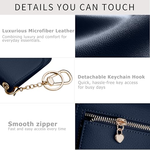 Image of Women Small Wallet RFID Blocking Slim Wallet with Coin Pocket Tri-Fold Credit Card Holder with ID Window and Keychain(Navy Blue)