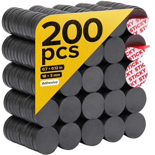 Image of Strong Ceramic Round Magnets with Adhesive Backing (0.7x0.12 /18x3mm, 200 pcs) - Heavy Duty Sticky Magnets, Non-Corrosive, Versatile for Home, Office, Workshop, Whiteboard, Fridge and Hobby Use